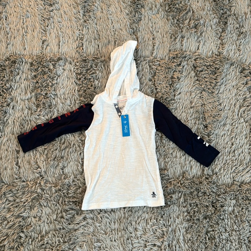 Original Penguin Navy & White Long Sleeve Hooded Henley T-Shirt